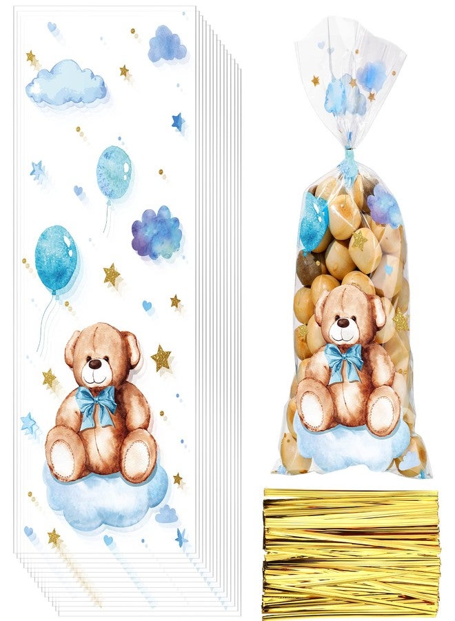 Maitys 100 Pieces Bear Baby Shower Treats Cellophane Bags Plastic Goodie Candy Bags with 100 Gold Twist Ties Gift Bags for Gender Reveal Birthday Party Favors (Blue,Sweet Style) - Image 1